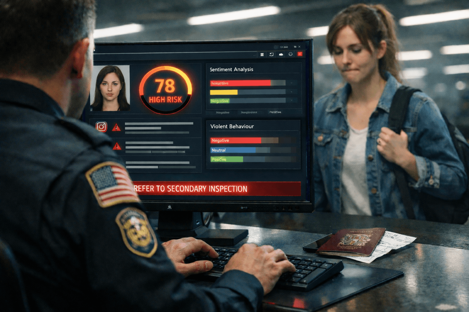 Agente de la CBP revisando el panel de análisis de redes sociales